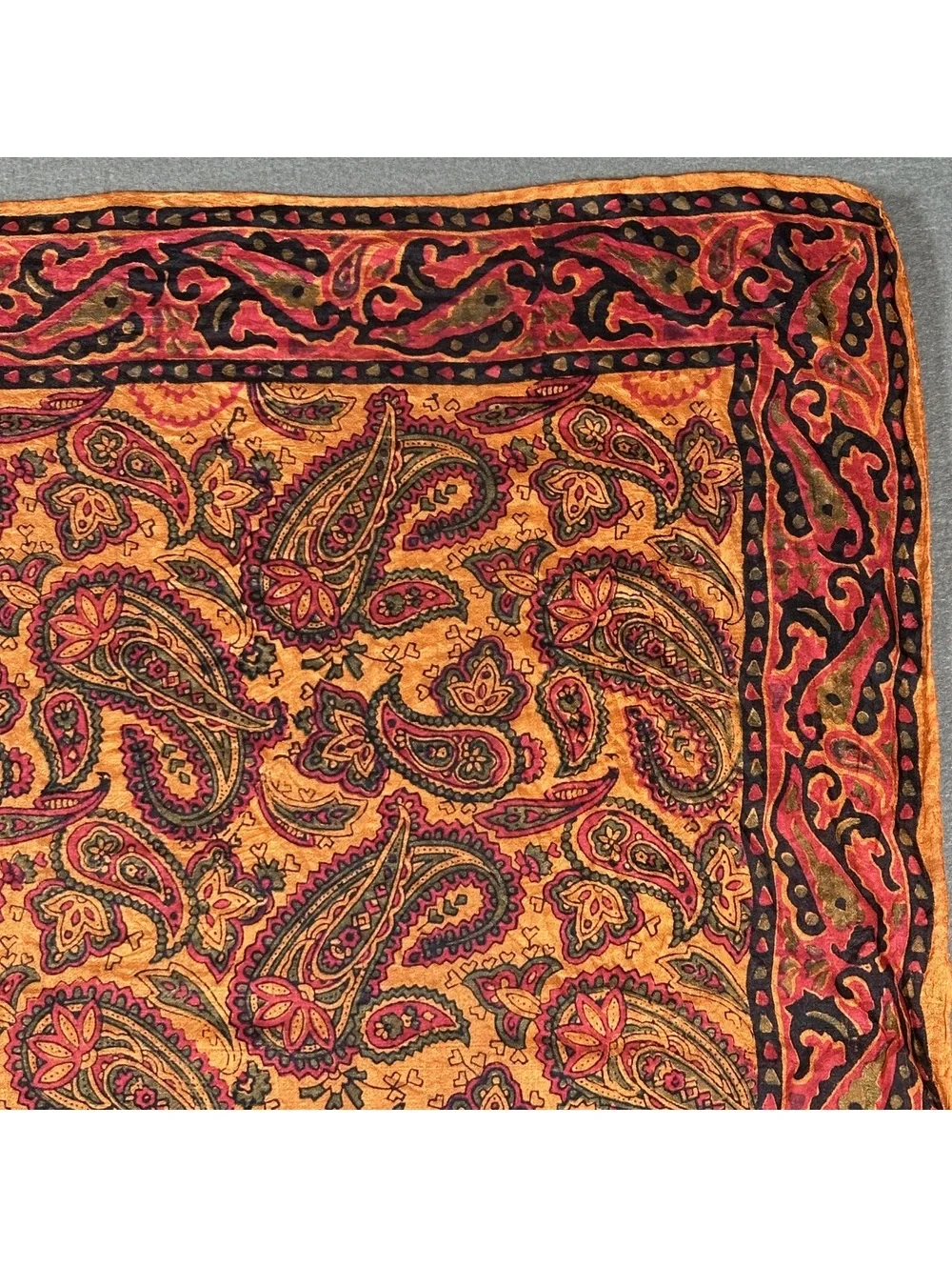 Vintage Paisley Patterned Silk Square Scarf with Orange and Red Tones